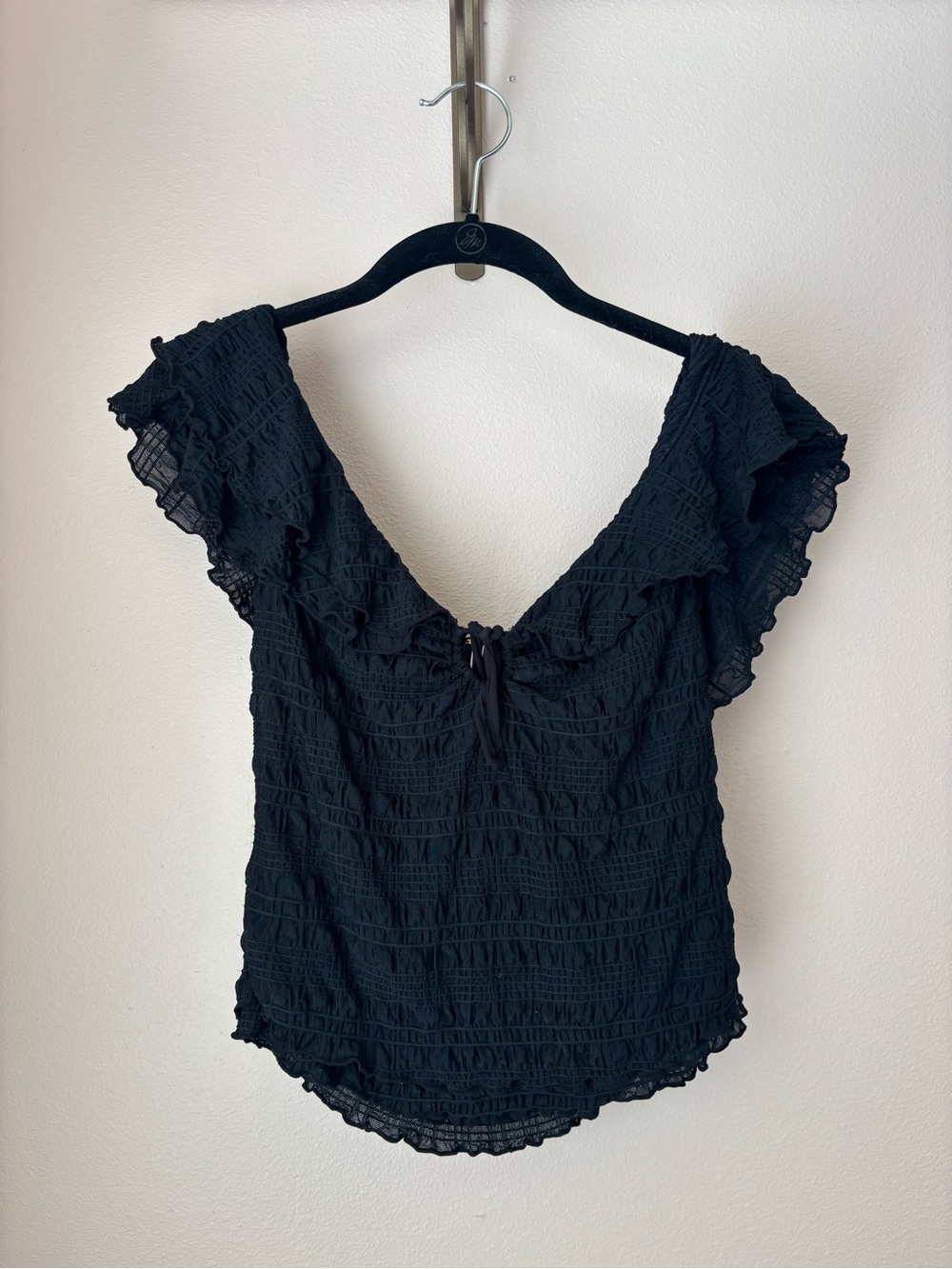 Free People Black Smocked Ruffle Sleeve Top